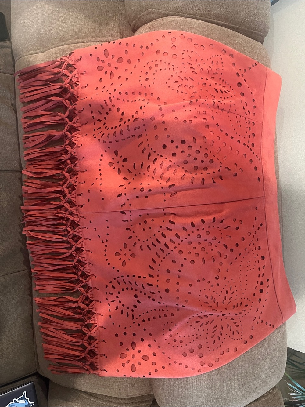 American Eagle Outfitters Coral Laser-Cut Fringe Mini Skirt